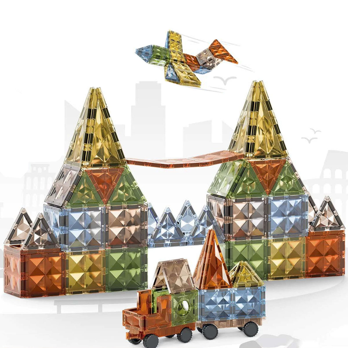 100PCS Magnetic Tile Building Set for Kids with 2 Car Bases